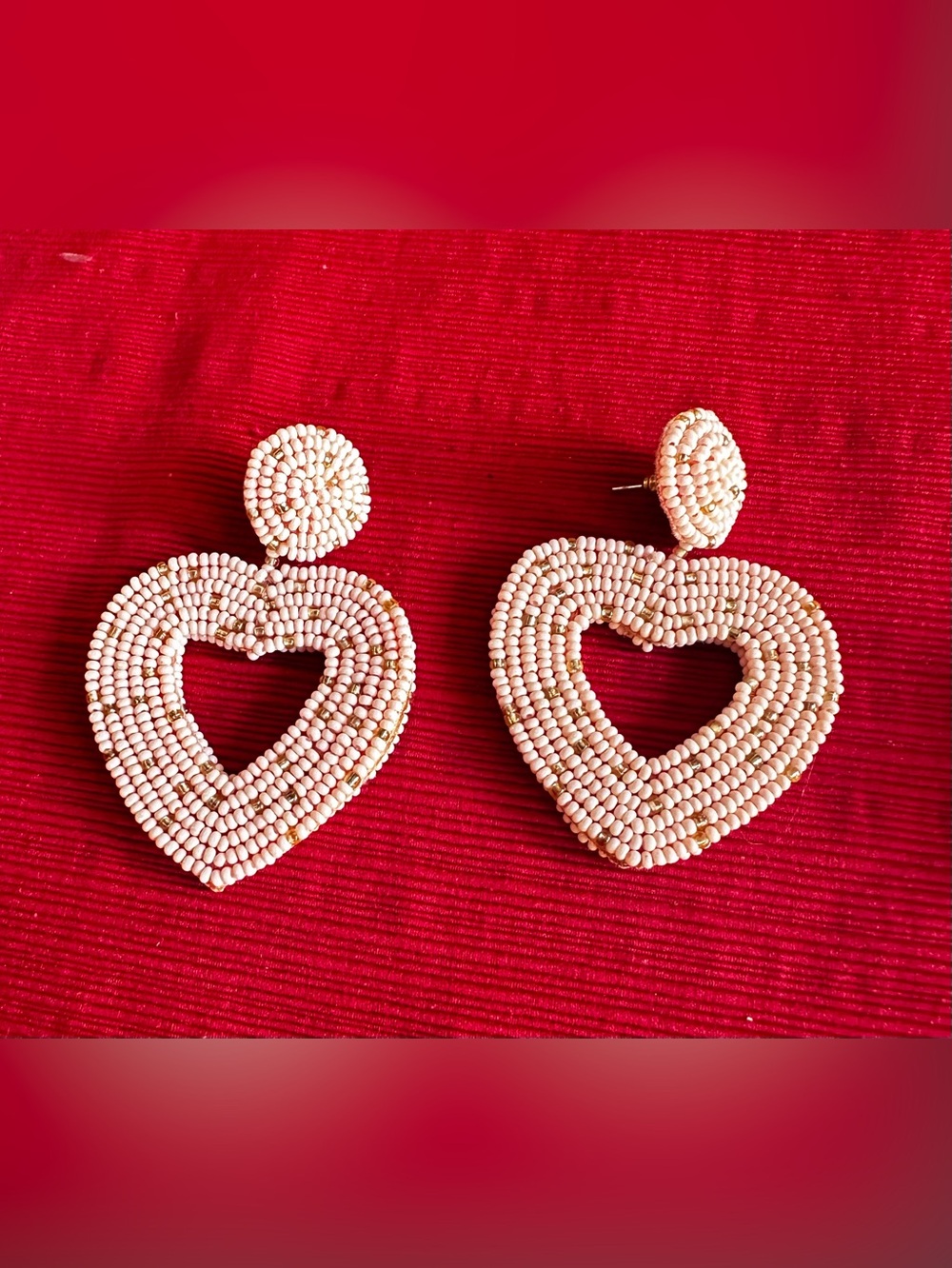 Beaded Heart Drop Earrings in Cream